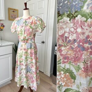 Vintage Pastel Floral Elastic Waist Cottagecore Feminine Short Sleeve Maxi Dress